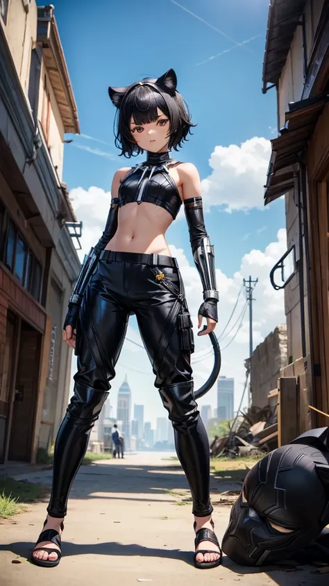 Black short-haired girl with doll head and flat chest，Black panther ears，Black Panther Tail，Ninja costumes，Hand guard，long pants，black socks，Straw sandals，Standing，ruined city