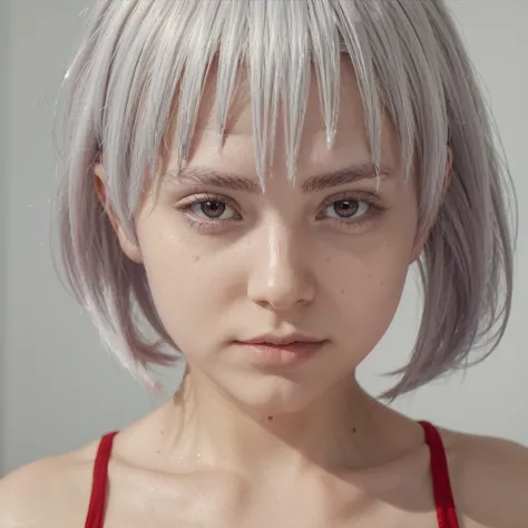 white hair，red pupil，front，swimsuit，blank background