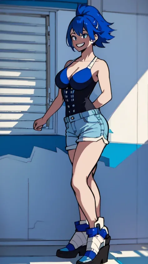 Girl, blue hair, blue eyes, short hair, flowers earrings, freckles, big , blue bikini, mini shorts, white high heels, thicc, standing smiling.