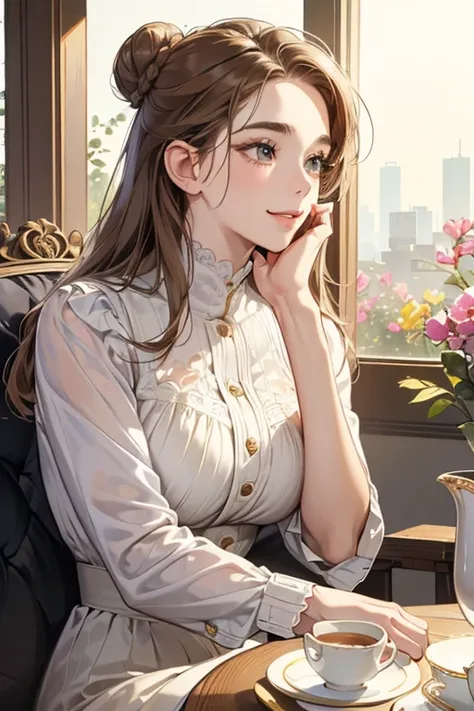 (table top, digital illustration, 4k, 8k, Super detailed, beautiful images, clear image,  perfect face, perfect lines, perfect eyes, soft lighting) 1 female, (light brown hair,bun hair,innocent look,droopy eyebrows,droopy eyes、With a round face,round chin、...