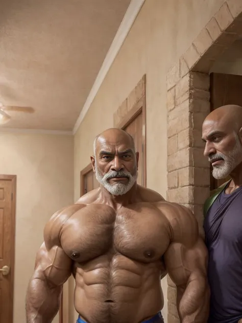 2boys, A handsome mature old indian dad with a massive beard and no shirt standing in front of a door,bald head,hyper muscular, pumped, roids, huge pecs, arms, biceps, shoulders, male focus, centered, tan skin, dom, meticulous muscle definition, detailed f...