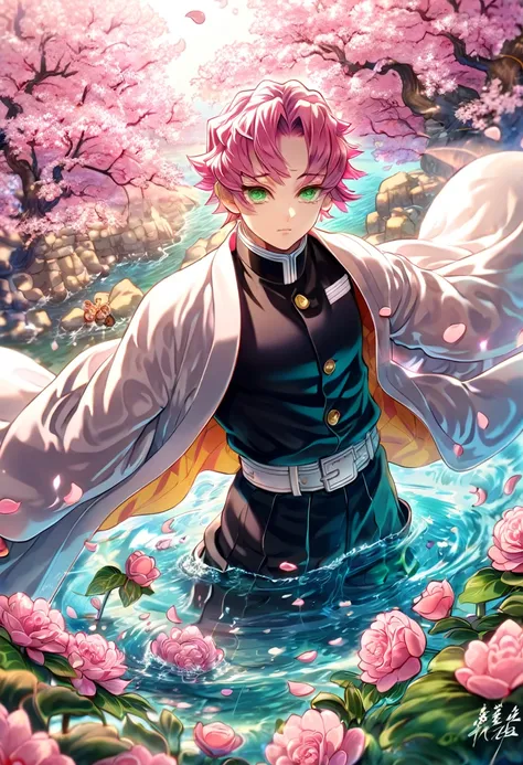 absurdres, highres, ultra detailed, HDR, master piece, best quality, Kanroji Mitsuri, pink hair, expressive green eyes, Kimetsu No yaiba, solo, sexy man, handsome, white haori, demon slayer uniform, fantasy, shining, pink flowers, pink blossoms, water, pin...