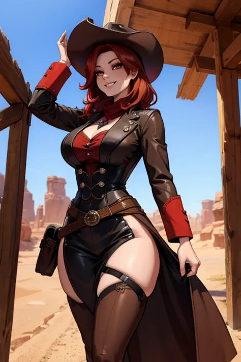 a red haired woman with red eyes with an hourglass figure in a conservative cowgirl outfit is walking in the desert with a big s...