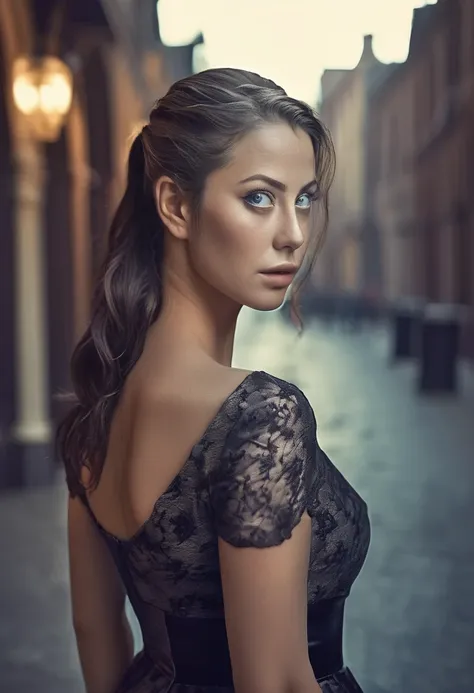 An amazing portrait of a beautiful brunette woman in dark dress, hazel eyes, dark hair, straight hair, ponytail, great facial feature, perfect eyes, ultra realistic eyes, perfect face, perfect body, cinematic, color analog film photo, intimate posing, real...