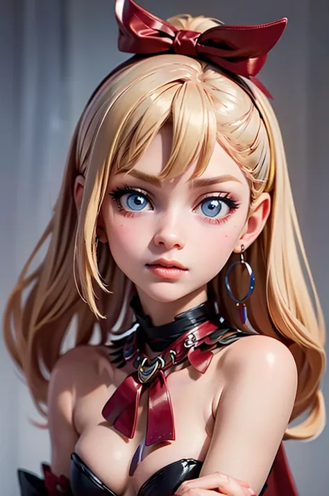 hyperrealistic 14 year old american teen, blonde, perfect tiny body, sexy, dark makeup, small choker, perfect slim face, big red lips, very cute face, tiny body, big eyes, young looking, childish looking, big earrings, having sex