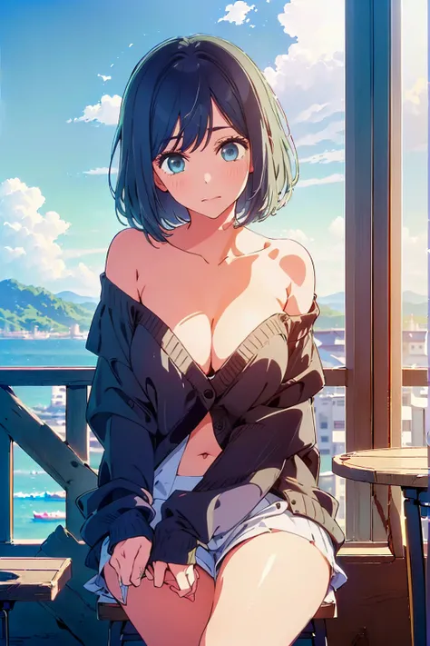 (Highest quality:1.4、masterpiece:1.4、Super detailed:1.4、Ultra-high resolution:1.4、8K:1.4)、Slim body、Big Breasts、((((1 person、Surprised expression、sit、Chair、In the background are the urban buildings of Tokyo、looking at the camera、coastal、Outdoor café terrac...