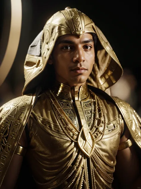 A man wearing an intricate Egyptian flash costume with multiple gold details, extremely detailed suit, micro-details, fotorrealism, A light, Dark Photo, deep-shadows, Shallow depth of field, photorrealistic, Surrealism, high qualiy, work of art, 8K, 8K, su...