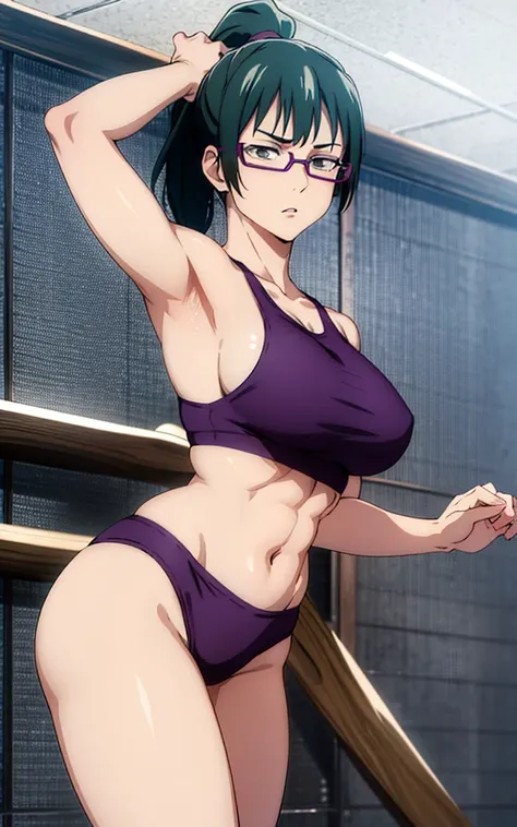 Maki Zenin, sports bra, curved, dark green hair, ponytail, well proportioned, muscular, large thighs, medium chest, purple glasses, gym background, arms up, armpits visible