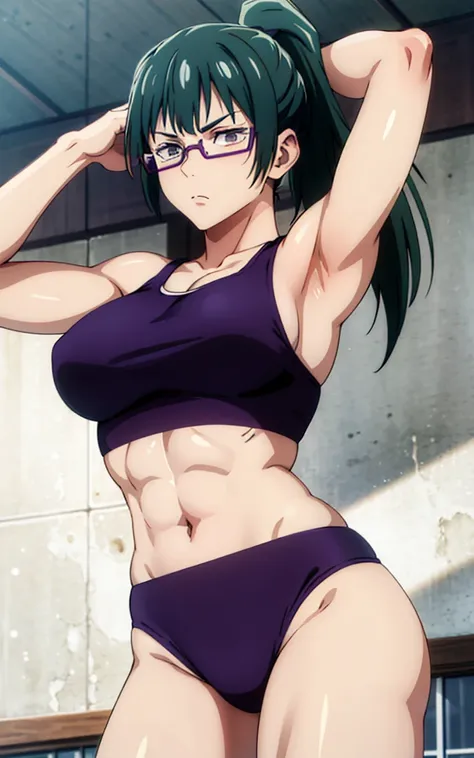 Maki Zenin, sports bra, curved, dark green hair, ponytail, well proportioned, muscular, large thighs, medium chest, purple glasses, gym background, arms up, armpits visible