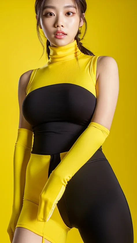 (detailed face),((crotch)),normal breasts,pretty,sleeveless and turtle neck yellow clothes,4k ,super high resolution ,(photo-realistic: 1.7),yellow background, black long hair,