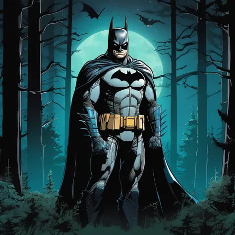 A Batman in the forest at night, glowing in the dark 