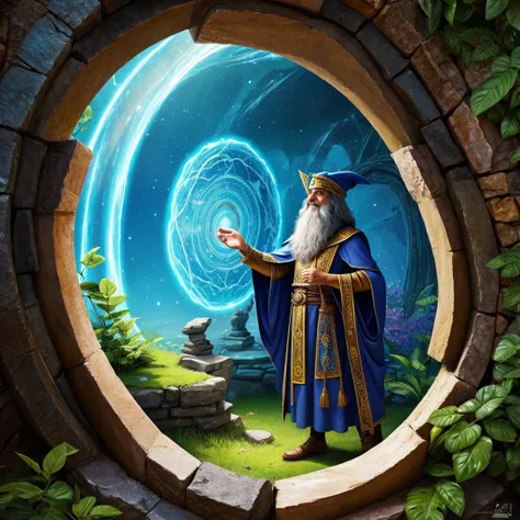 A wizard going through a portal to visit the ancient Lemuria, Award winning ilustration, highly detailed, friendly colors, happy vibes