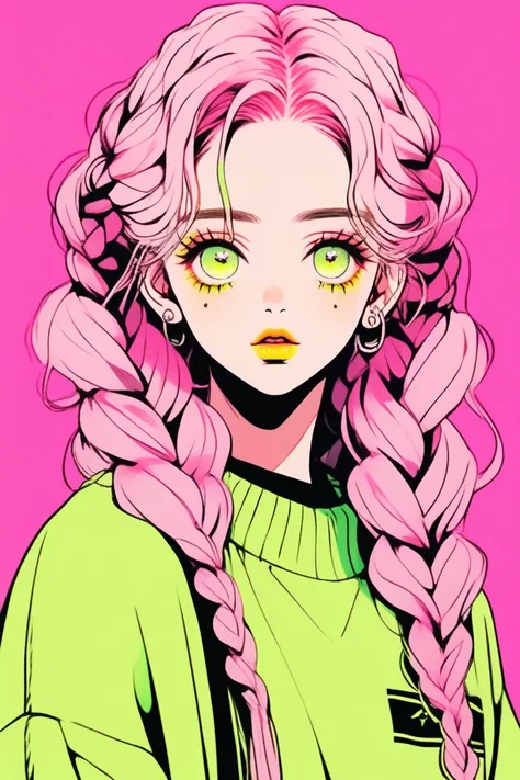 (highest quality, sketch:1.2),realistic,illustrator,anime,1 girl, detailed lips,sweater,custom,pink gradient background,neon hai...