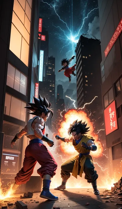 (Anime style, highly detailed), two Saiyan warriors in a fierce battle in a bustling urban environment. Buildings crumble as they clash, energy blasts lighting up the night sky with vibrant colors and dynamic motion.