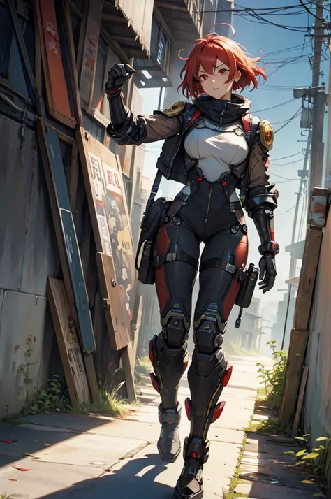 full body shot, High angle, best quality, extremely detailed, 8K, focus on background, dystopian society, manga, anime, watercolor, steampunk, masterpiece, a beautiful woman, solo, single mechanical arm, energy weapons, robot suit, humanoid robot, half-up,...