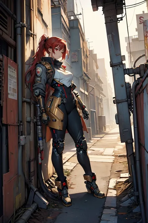 full body shot, High angle, best quality, extremely detailed, 8K, focus on background, dystopian society, manga, anime, watercolor, steampunk, masterpiece, a beautiful woman, solo, single mechanical arm, energy weapons, robot suit, humanoid robot, half-up,...