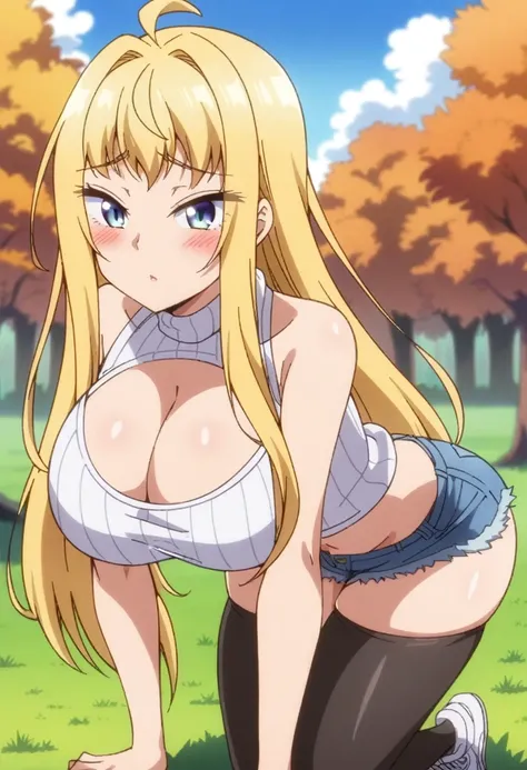 (anime art style), masterpiece, best quality, very aesthetic, absurdres, dynamic shadows, atmosferic, minamifuyuki, ((1girl)), antenna hair, blonde hair, long hair, sidelocks, ahoge, eyeslashes, blue eyes, curvy body, large breasts, sexy, cleavage, white s...