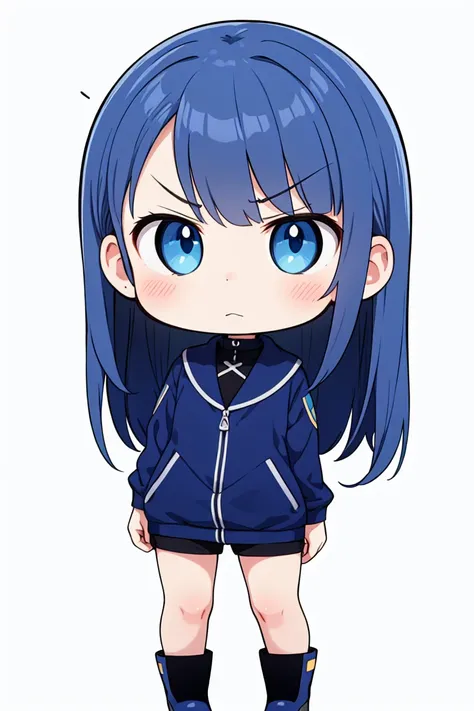 chibi, flat color, solo, full body, cute, (highest quality), blue eye, gentian blue hair, long hair, annoyed, gentian blue clothes, white background, (masterpiece)