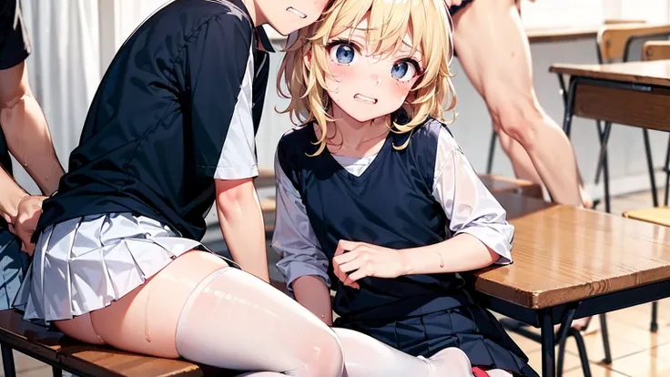 Highest quality,Highest quality,One girl,Multiple Boys,((((10 years old)))),  surrounded by boys,Flat Chest,orgasm,blush, Sweat, Sakurai Momoka,Blonde,White Sarah Outfit,Navy Blue Skirt, Not a pleated skirt,whole body,Dark Classroom, Grey pantyhose、Flippin...