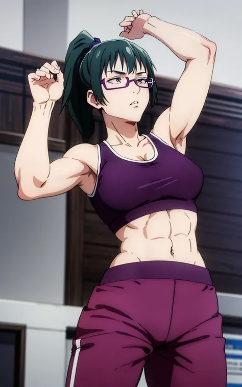 Maki Zenin, sports bra, long pants,curved, dark green hair, ponytail, well proportioned, muscular, large thighs, medium chest, purple glasses, gym background, arms up, armpits visible