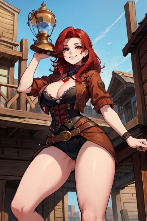 a red haired woman with red eyes with an hourglass figure in a conservative cowgirl outfit is drinking on the a roof of a wild west building with a big smile