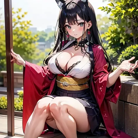 (Fox Girl, Fox Ears, Black colored hair, Fox Makeup, One Girl, Long Hair:1.6), (kimono, Kimono with open chest, A beautiful kimono with red and black patterns, I can see her cleavage, Open chest, Exposed skin:1.8), (Body size is 100-70-90!, Nice body, Big ...