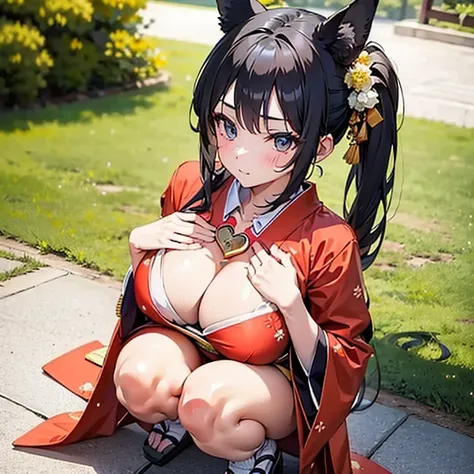 (Fox Girl, Fox Ears, Black colored hair, Fox Makeup, One Girl, Long Hair:1.6), (kimono, Kimono with open chest, A beautiful kimono with red and black patterns, I can see her cleavage, Open chest, Exposed skin:1.8), (Body size is 100-70-90!, Nice body, Big ...