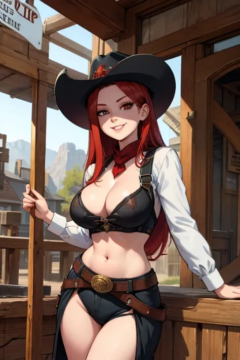 a red haired woman with red eyes with an hourglass figure in a conservative cowgirl outfit is smile while leaning forward with a big smile in a wild west town