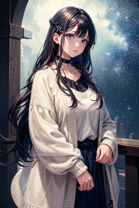 MomodateMarin, Huge_old, standing, Alone, choker, sweater, starry_sky, Hair clip,, Masterpiece, better_quality, detailed_face, detailed_eyes, high resolution, beautiful, detailed, absurdities,