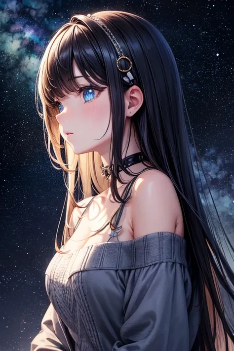 MomodateMarin, Huge_old, standing, Alone, choker, sweater, starry_sky, Hair clip,, Masterpiece, better_quality, detailed_face, detailed_eyes, high resolution, beautiful, detailed, absurdities,