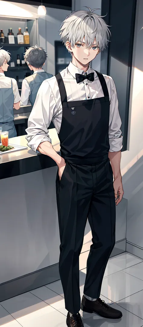 1 boy, 25 years old, full body, waiter, short hair, grey hair, messy hair, undercut,