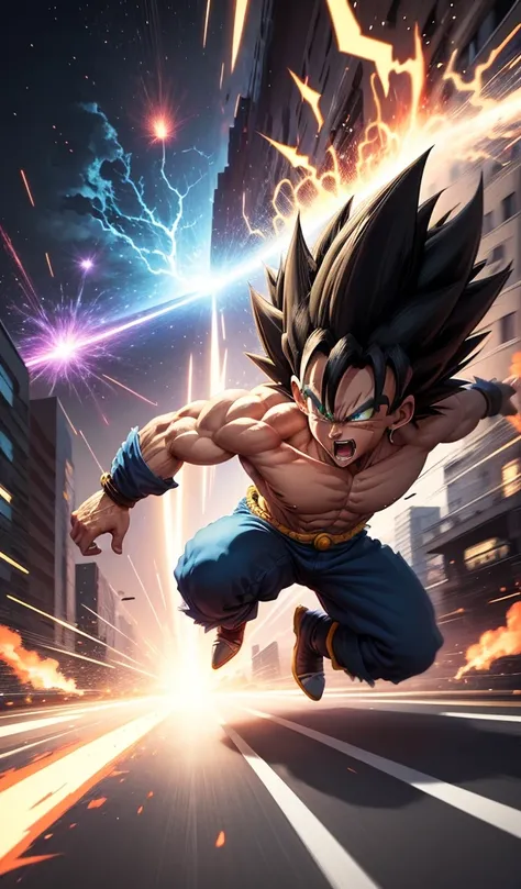 (Anime style, highly detailed), one Saiyan charging at high speed through the city streets, leaving a trail of destruction. The other Saiyan follows, both surrounded by glowing energy fields, creating a dramatic chase scene.