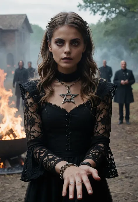 (GoPro view :1.1), willa holland with black gothic style dress and pentagram choker in a (Die Hard (1988) film scene:1.1),magic circle, aura, magic spell effects, fire magic on her hand,hyperrealistic,professional,gloomy horror crushing atmosphere,hyperrea...