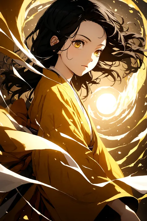  pretty teenager,Bblack hair,one eye black and the other yellow, kimono half moon and the other half sun  