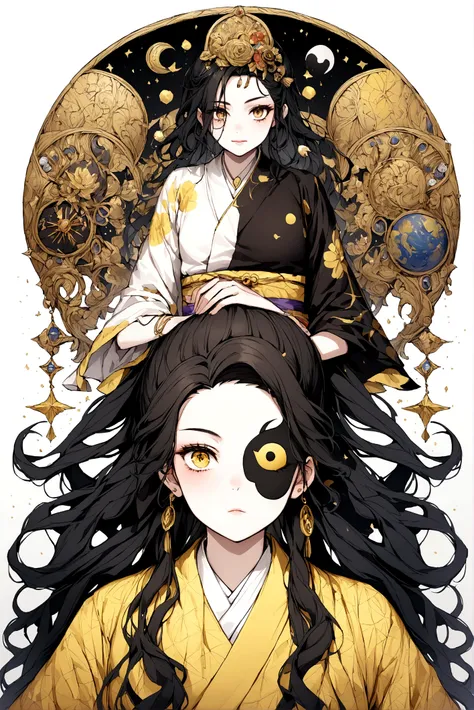 pretty teenager,bblack hair,one eye black and the other yellow, kimono half moon and the other half sun