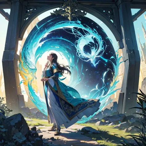 a wizard going through a portal to visit the ancient lemuria, award winning illustration, highly detailed, friendly colors, happy vibes, epic fantasy scene, intricate details, magical energy, glowing portal, mystical atmosphere, beautiful landscape, enchan...