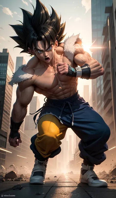 (Anime style, highly detailed), one Saiyan transforming mid-fight, hair turning golden and eyes glowing with power. The urban landscape is illuminated by the transformation, adding a dramatic flair to the battle.