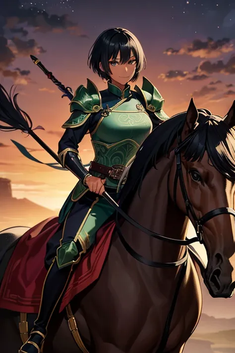 Anime Art、Full body portrait、Ancient Chinese cavalry、A dark-skinned woman of about 25 years old, around 150cm tall, wearing dark green clothing, riding a large horse and holding a long spear in her right hand.、Condescending smile、Short medium hairstyle、Bla...