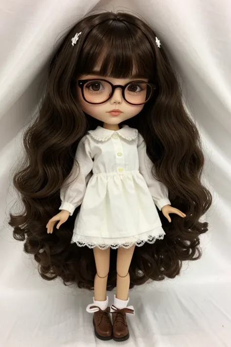 blythe doll with wavy hair, white, with bangs,  brown glasses and eyes 