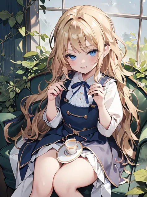 (8K, Highest quality, tableトップ:1.2), Ultra-high resolution, 7-year-old girl, Perfect Fingers, Detailed face, smile, blue eyes, Blonde, (wavy hair:1.5), Blue Apron Dress, garden, flower bed, table, tableクロス, Black tea, Tea cup, cake, Sit on a chair