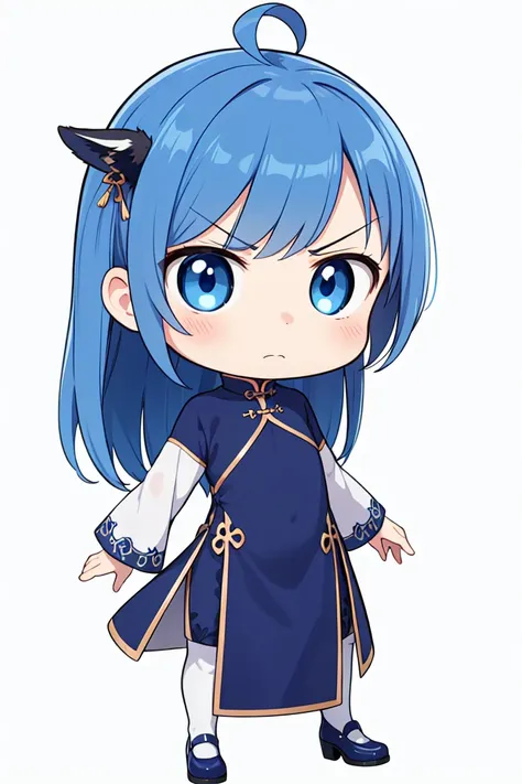 chibi, flat color, solo, full body, cute, (highest quality), blue eye, gentian blue hair, long hair, annoyed, gentian blue China dress, white background, (masterpiece)