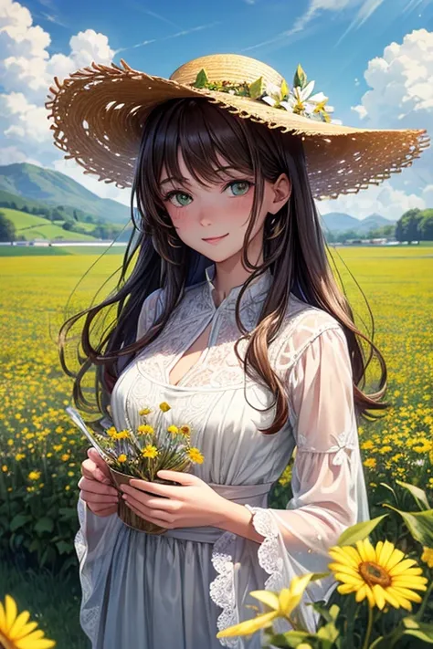 Portrait of a young brown haired woman, green eyes and light skin. He has a serene expression and a warm smile. She wears a white lace blouse and a straw hat.. It is located in a field of wildflowers, with a background of green hills and a clear blue sky."