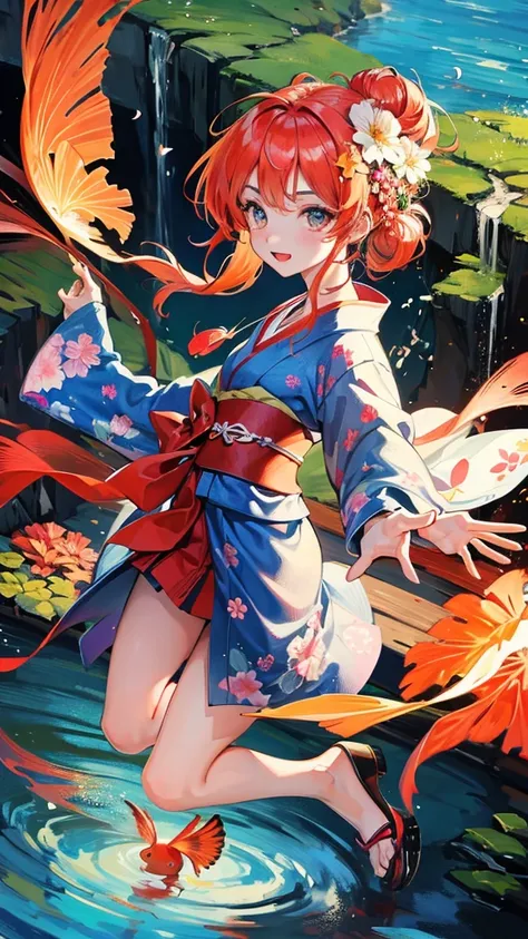 summer　kimono　Goldfish　flower　Girl　clear　cute　Emotional