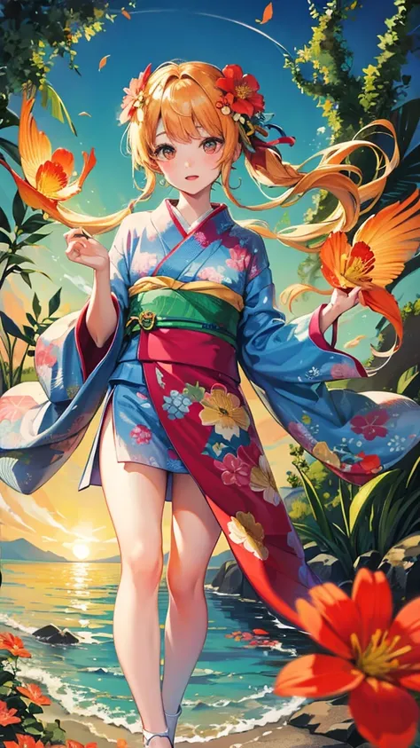 summer　kimono　Goldfish　flower　Girl　clear　cute　Emotional