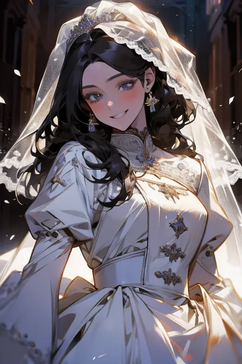 wedding scene，bride in a white wedding dress，smiling slightly，perfect face，black hair，perfect face