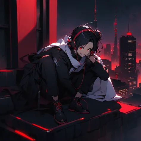 young man, long black hair with red tips tied by a white cloth in a bun, red eyes, pointy teeth, red headset with microphone, wears a black jacket with a red interior, white t-shirt, black pants, black shoes with red laces.  sitting on top of a building.