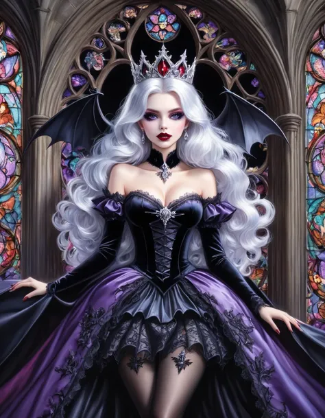 (Close-up:1.3) pastel cartoon, stunning vampire queen (relaxing on huge tall velvet throne:1.2) of Gothic, (volcanic noble dress), (high boots), (swirl skirt), (big crown:1.2), (swarm of bats coming through (intricate round Gothic window) in background), e...