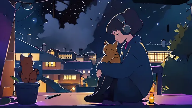 a girl sitting on a porch with a cat, with a view of the night sky