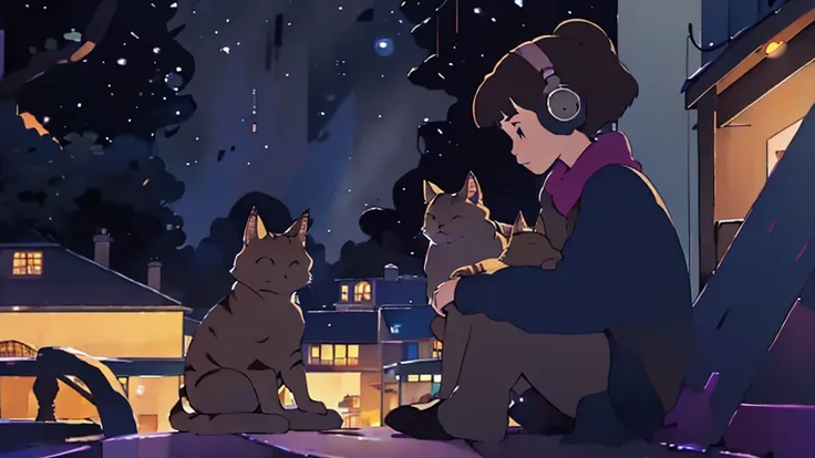 a girl sitting on a porch with a cat, with a view of the night sky