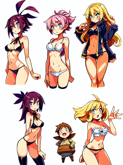 a few cartoon images of the same female character that im not sure what this is, a young girl touching her stomach and her breasts, a collection of sketches of several women, two pages show a woman in underwear next to another girl wearing a thongy panties